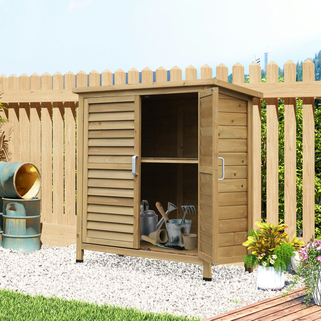 Solid Fir Wood Garden Storage Shed with Doors – Natural